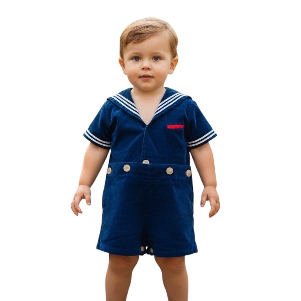 Size 2T/3T Vintage 50s Goodlad Navy Blue Sailor Boy Romper White Stripes Velour